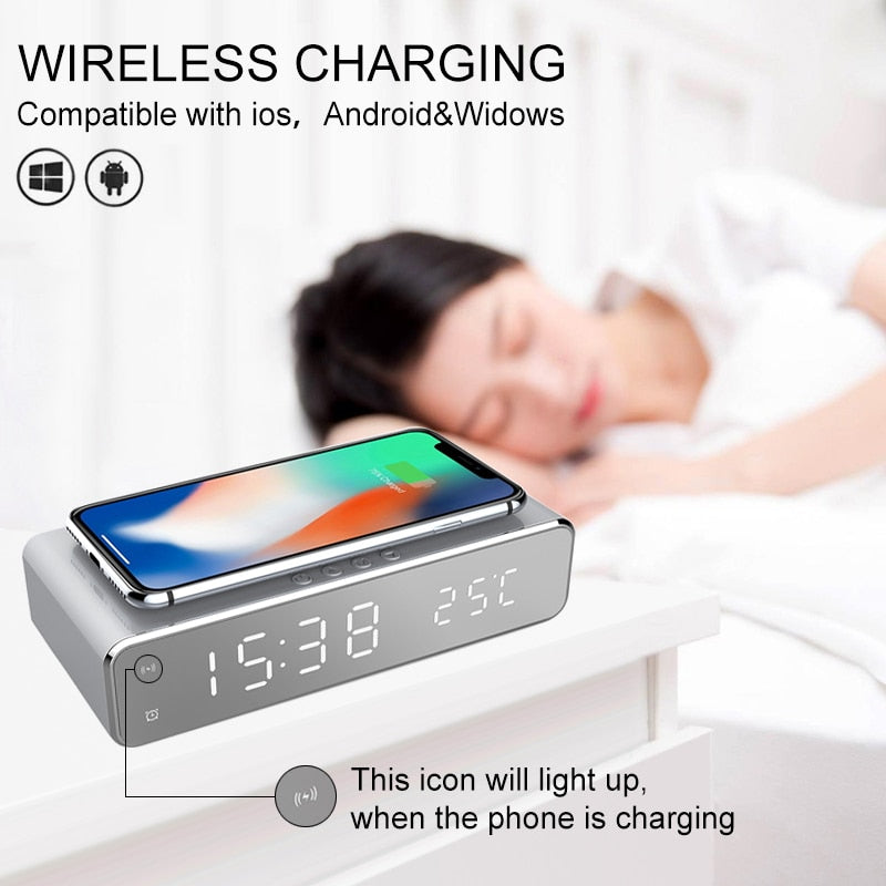 LED Alarm Clock QI Wireless Charger For iphone Samsung Huawei With Digital Thermometer Date Display Electric Clock