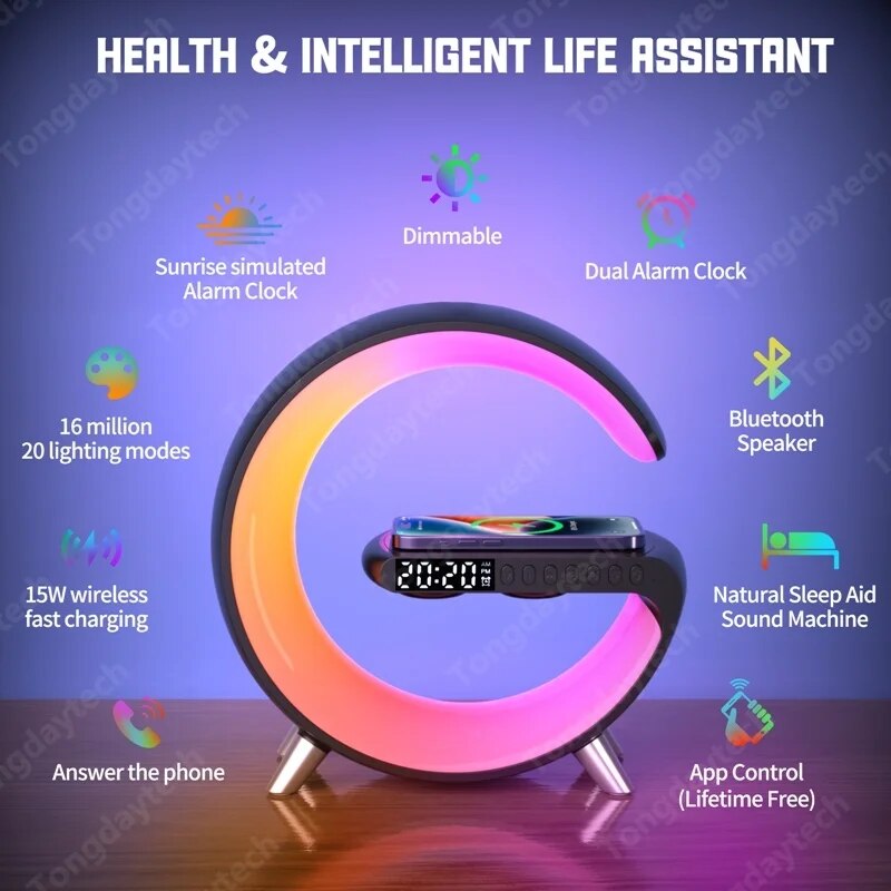 15W Alarm Clock Wireless Charger Station Speaker APP Control RGB Atmosphere Lamp Night Light for Iphone 12 13 14 Samsung Xiaomi
