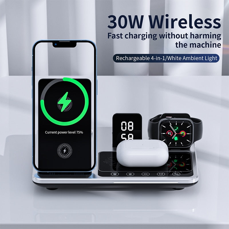 30W Alarm Clock Wireless Charger Stand for iPhone 14 13 12 11 Pro Max Wireless Charging Station for AirPods Pro Apple Watch Wireless Charging Module