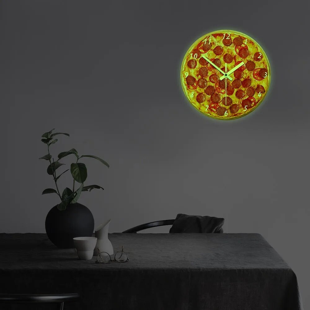 Italian Pizza Luminous Wall Clock Restauran Kitchen Decor Pizzeria Pasta Night Vision Glow In Dark Wall Watch Diner Chef Gift