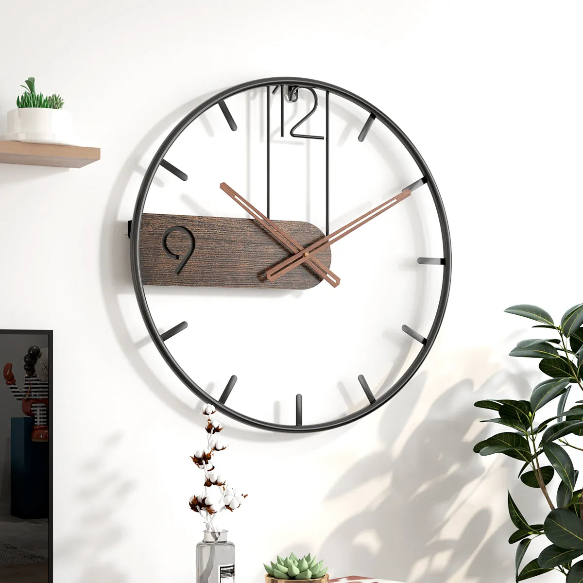 Iron Wall Clock Big Size 3D Nordic Metal Round Large Wall Watch Walnut Pionter Modern Clocks Decoration for Home Living Room