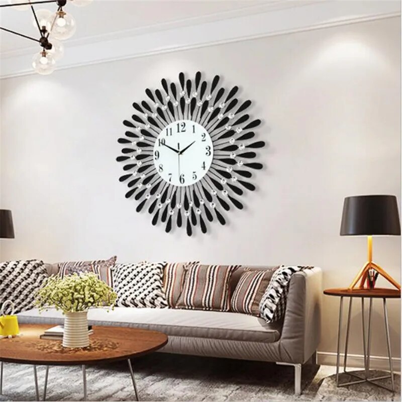 Creative Crystal Wall Clock Modern Design Large Clock Home Decoration Living Room TV Background Wall Metal Silent Hanging Clock