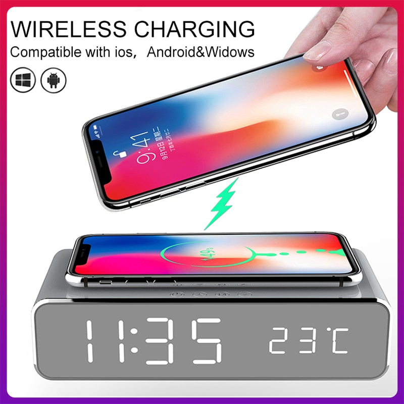 LED Alarm Clock QI Wireless Charger For iphone Samsung Huawei With Digital Thermometer Date Display Electric Clock